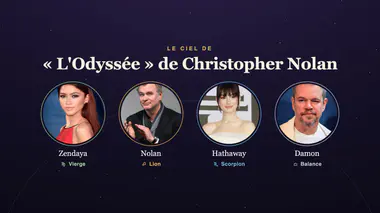 Montage de portraits du casting du film L'Odyssée avec le symbole du signe astrologique de chacun
