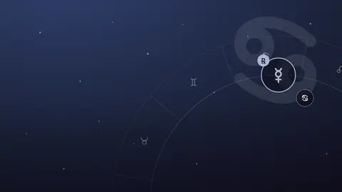 Planète Mercure et tracé de sa boucle rétrograde avec le symbole du Cancer sur fond nocturne