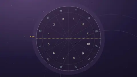 Roue zodiacale dorée divisée en douze maisons numérotées sur fond nocturne
