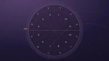 Roue zodiacale dorée divisée en douze maisons numérotées sur fond nocturne