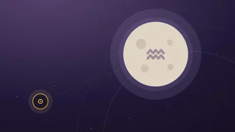 Grande pleine lune crème portant le glyphe du Verseau, reliée par un axe à une pastille solaire