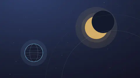 Disque solaire doré mordu par un disque sombre au-dessus d'un petit globe terrestre stylisé
