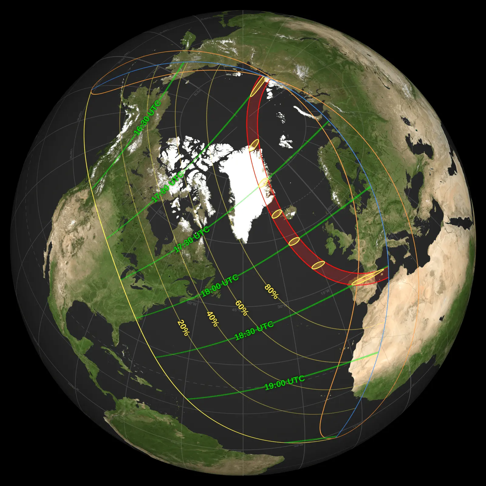 Globe terrestre avec la bande de totalité de l'éclipse du 12 août 2026 et les pourcentages de couverture heure par heure