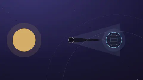 Schéma du Soleil, de la Lune et de la Terre avec le cône d'ombre touchant le globe terrestre