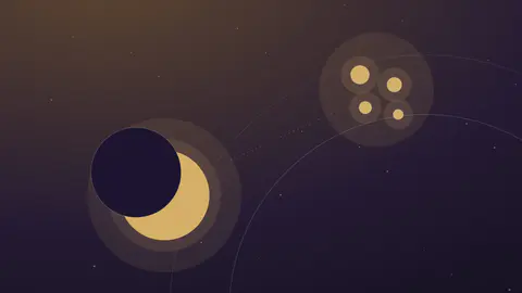 Disque solaire partiellement éclipsé relié à un amas de quatre pastilles dorées