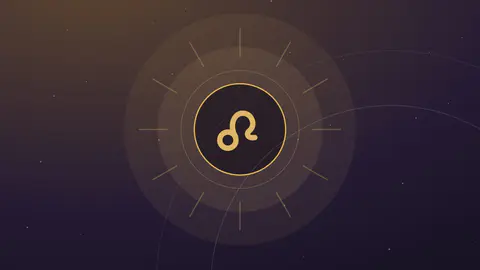 Grand glyphe doré du Lion cerclé d'un halo solaire à douze rayons