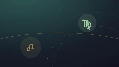 Glyphe du Lion déclinant sous un arc d'horizon et glyphe de la Vierge montant