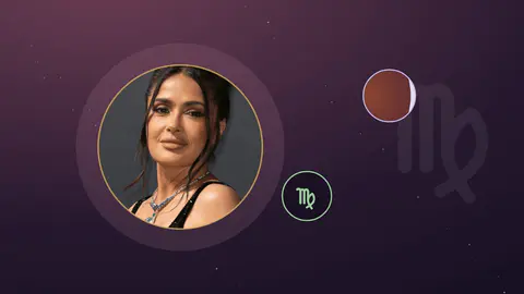 Portrait de Salma Hayek en médaillon, glyphe de la Vierge et Lune éclipsée sur fond nocturne
