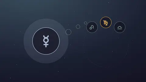 Glyphe de Mercure avec bulles de pensée et les trois signes possibles