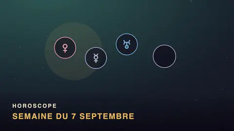 Vénus, Mercure et Uranus en pastilles, disque de nouvelle lune, bandeau Horoscope
