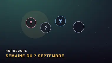 Vénus, Mercure et Uranus en pastilles, disque de nouvelle lune, bandeau Horoscope