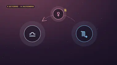 Le glyphe de Vénus marqué du signe de la rétrogradation, sur un arc pointillé qui recule du Scorpion vers la Balance