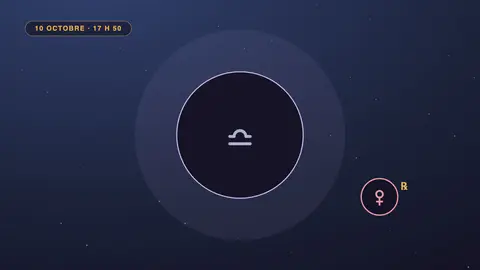 Disque sombre de la nouvelle lune portant le glyphe de la Balance, avec Vénus rétrograde en retrait