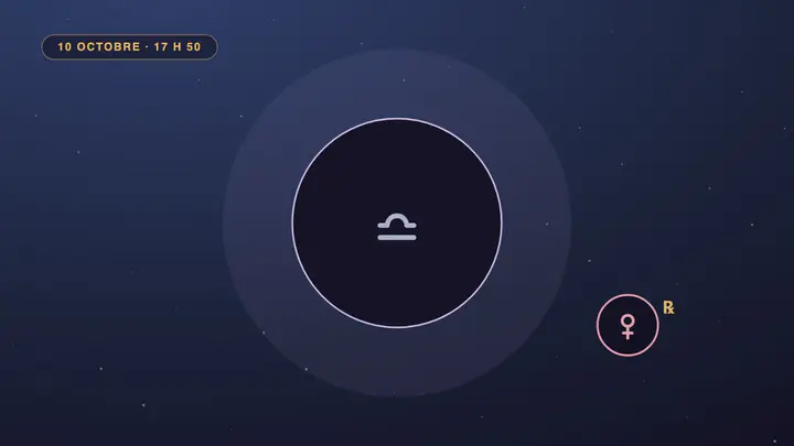 Disque sombre de la nouvelle lune portant le glyphe de la Balance, avec Vénus rétrograde en retrait