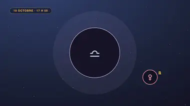 Disque sombre de la nouvelle lune portant le glyphe de la Balance, avec Vénus rétrograde en retrait