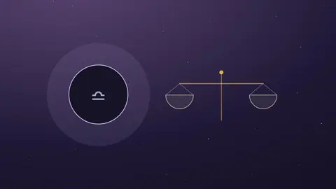 Lune noire au glyphe de la Balance à côté d'une balance à deux plateaux en équilibre