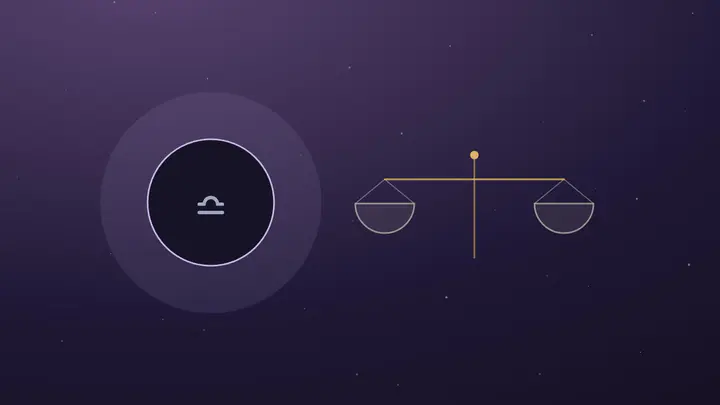 Lune noire au glyphe de la Balance à côté d'une balance à deux plateaux en équilibre
