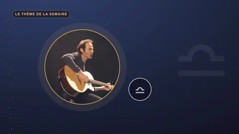 Portrait rond de Jean-Jacques Goldman à la guitare, avec le glyphe de la Balance et la mention Le thème de la semaine