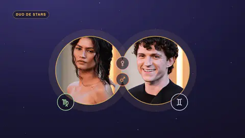 Portraits ronds de Zendaya et de Tom Holland qui se recouvrent, avec les glyphes de la Vierge, des Gémeaux, de Vénus et de Mars