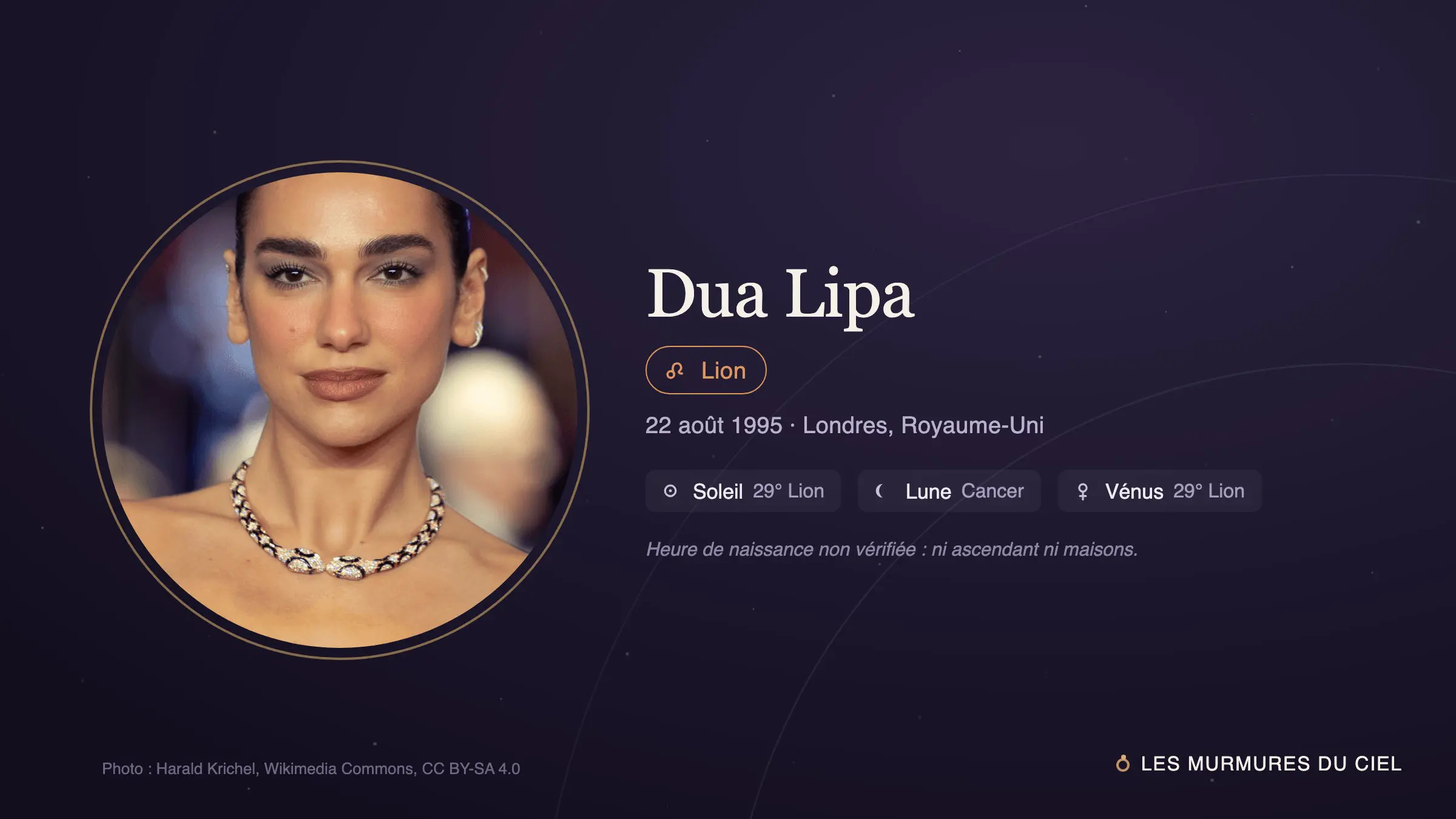 Fiche astrale de Dua Lipa avec son portrait et ses positions natales