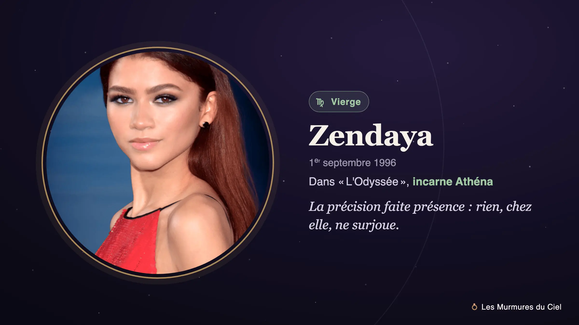 Fiche illustrée de Zendaya : son portrait accompagné du symbole de la Vierge, son signe astrologique.