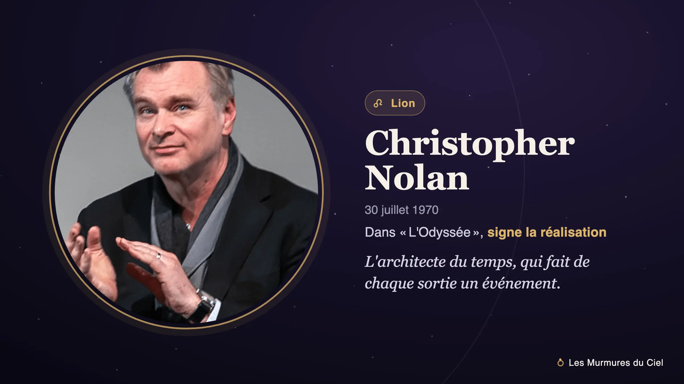 Fiche illustrée de Christopher Nolan : son portrait accompagné du symbole du Lion, son signe astrologique.