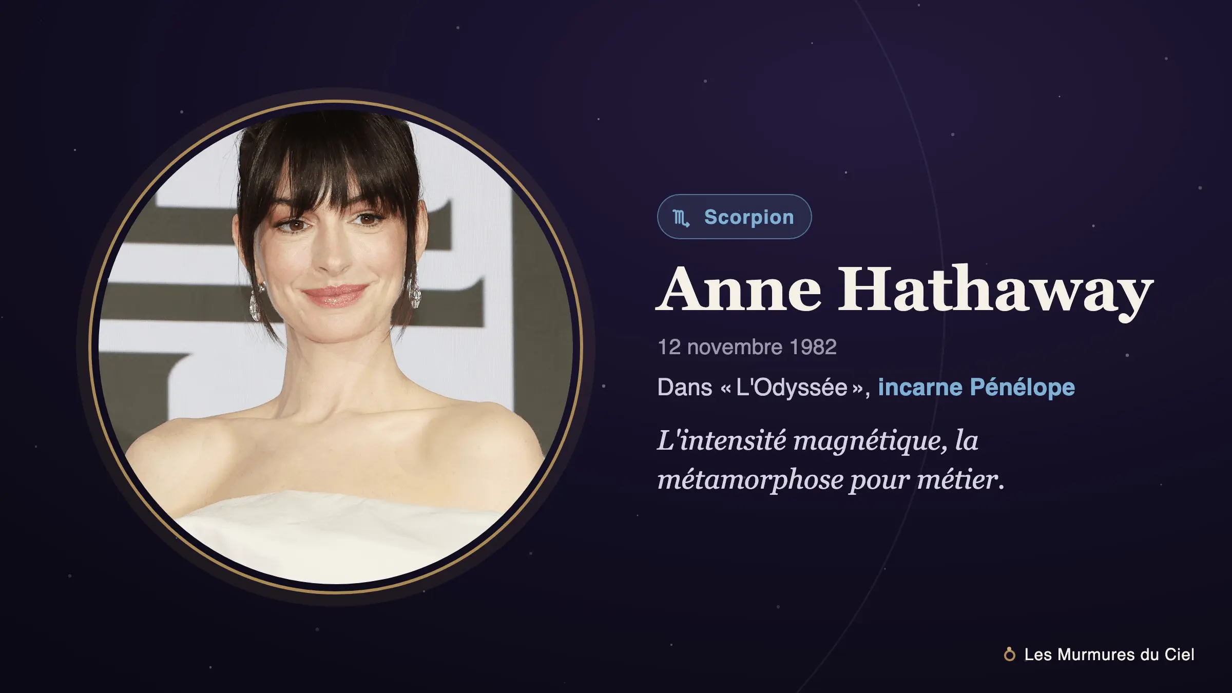 Fiche illustrée d'Anne Hathaway : son portrait accompagné du symbole du Scorpion, son signe astrologique.