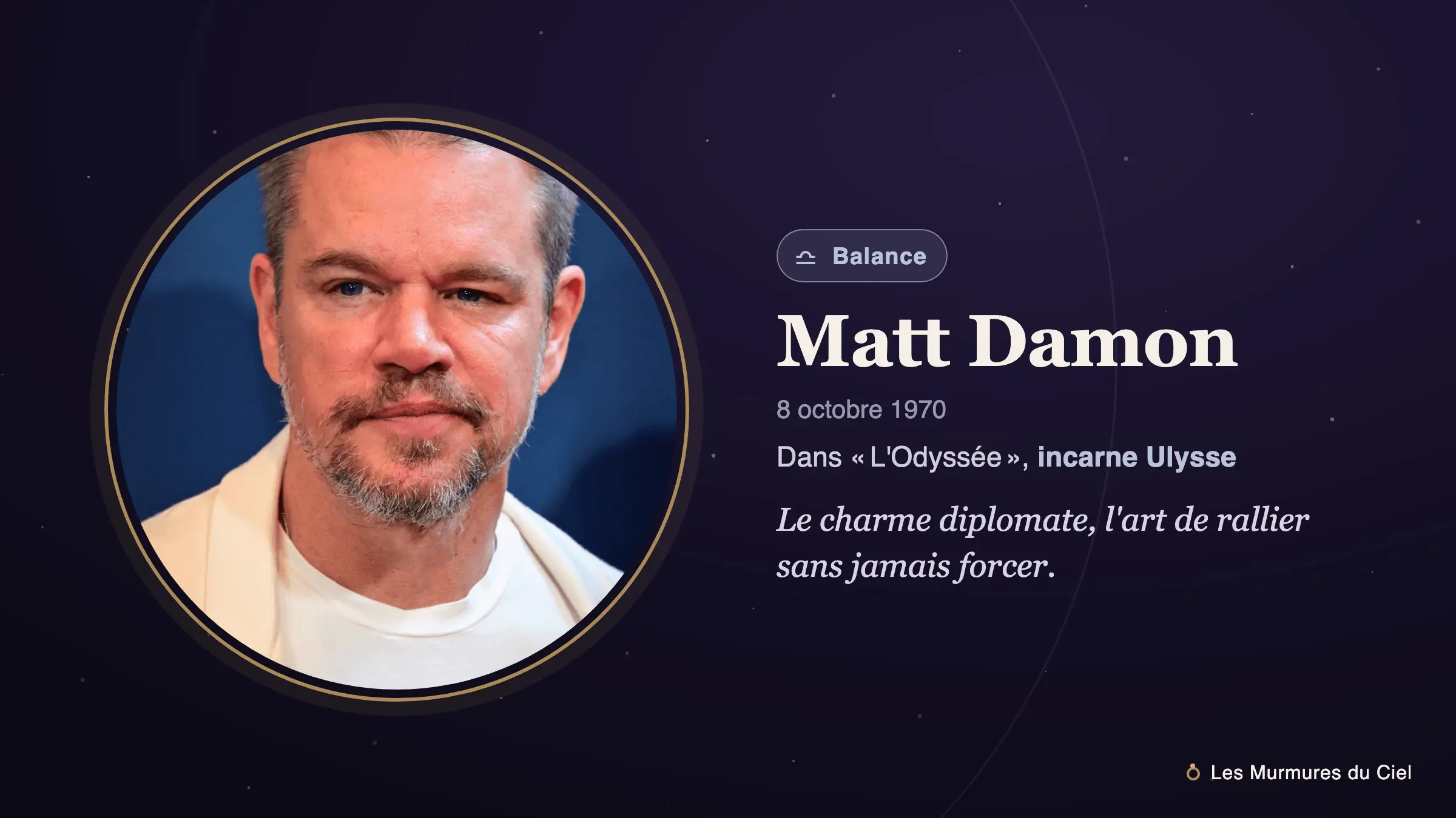 Fiche illustrée de Matt Damon : son portrait accompagné du symbole de la Balance, son signe astrologique.