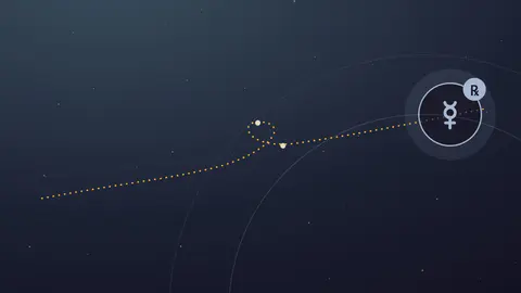 Tracé doré de la boucle apparente de Mercure dans un ciel nocturne étoilé