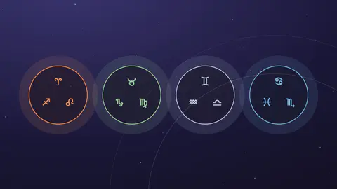 Composition symbolique des quatre éléments feu, terre, air et eau sur fond nocturne étoilé